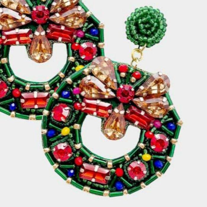 Christmas Wreath Multi Stone Dangle Earrings