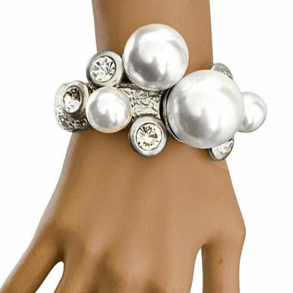 Chunky Pearl Rhinestone Silver Metal Hinged Bracelet