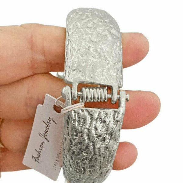 Chunky Pearl Rhinestone Silver Metal Hinged Bracelet