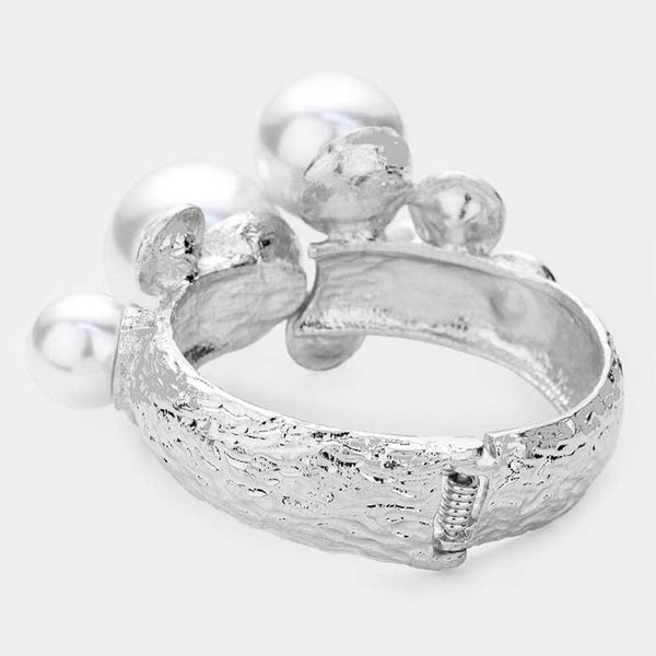Chunky Pearl Rhinestone Silver Metal Hinged Bracelet