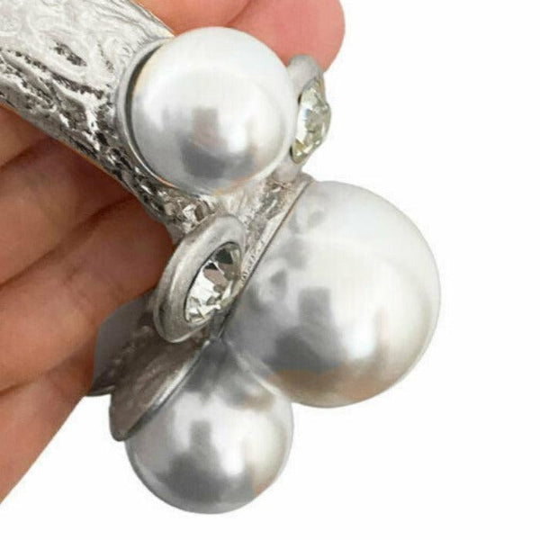 Chunky Pearl Rhinestone Silver Metal Hinged Bracelet