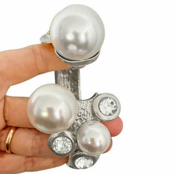 Chunky Pearl Rhinestone Silver Metal Hinged Bracelet