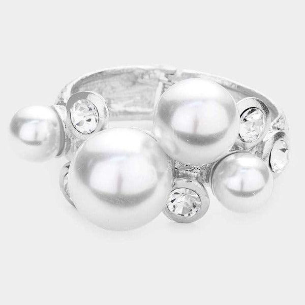 Chunky Pearl Rhinestone Silver Metal Hinged Bracelet