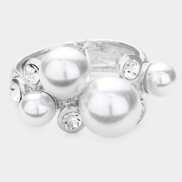 Chunky Pearl Rhinestone Silver Metal Hinged Bracelet