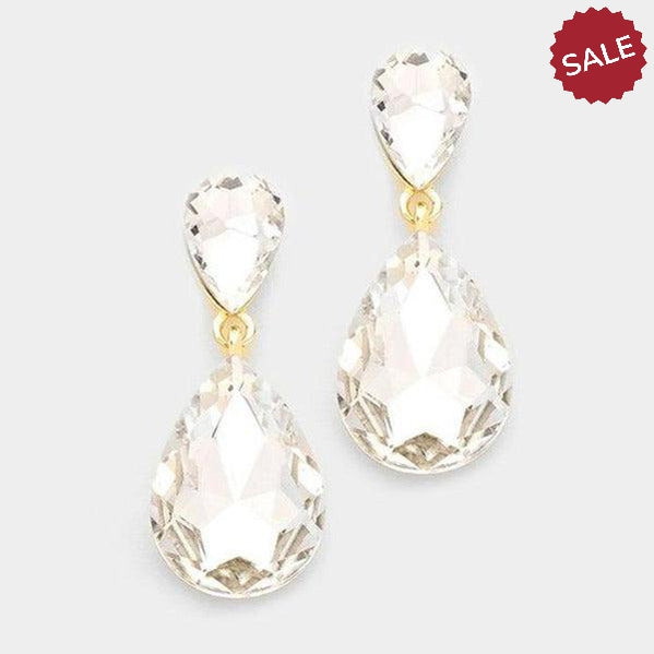 Clear Crystal Double Teardrop Gold Earrings