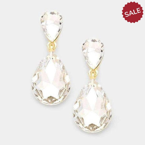 Clear Crystal Double Teardrop Gold Earrings
