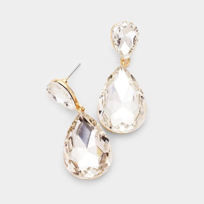 Clear Crystal Double Teardrop Gold Earrings-Earring-SPARKLE ARMAND