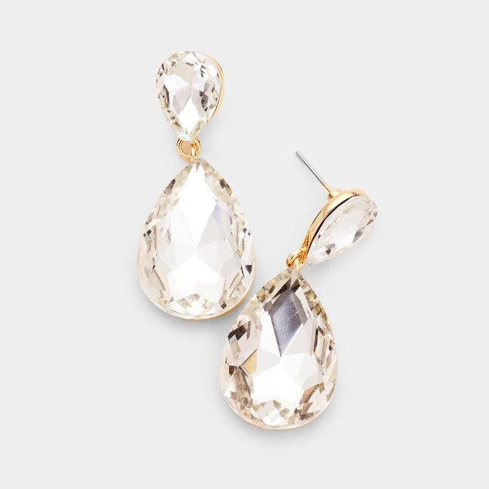 Clear Crystal Teardrop Gold Earrings