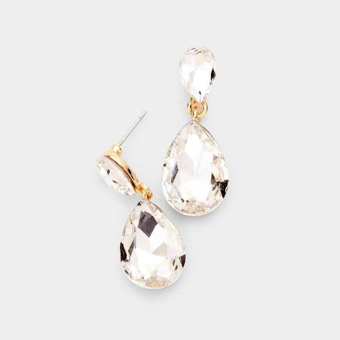 Clear Crystal Double Teardrop Gold Earrings