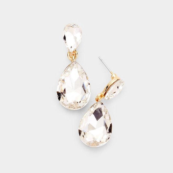 Clear Crystal Double Teardrop Gold Earrings