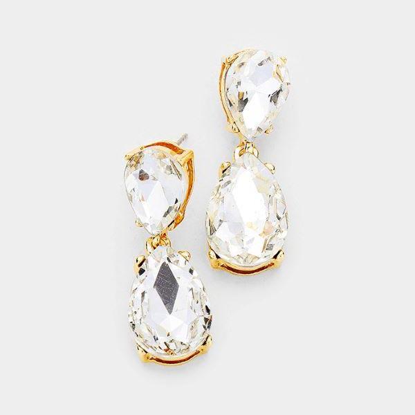 Clear Crystal Double Teardrop Gold Earrings