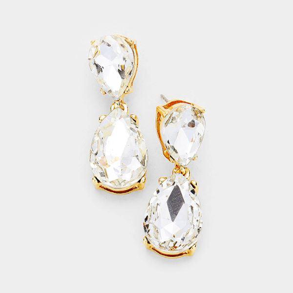 Clear Crystal Double Teardrop Gold Earrings