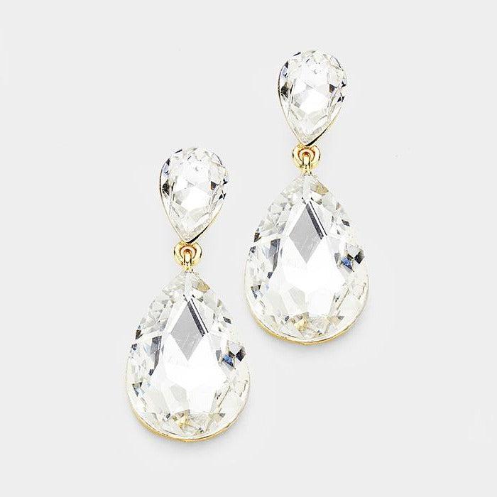 Clear Crystal Double Teardrop Gold Earrings 