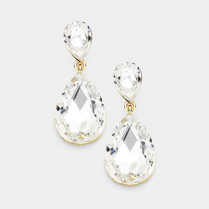 Clear Crystal Double Teardrop Gold Earrings 