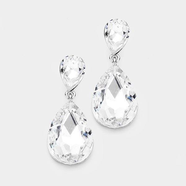 Clear Crystal Double Teardrop Rose Silver Earrings by Miro