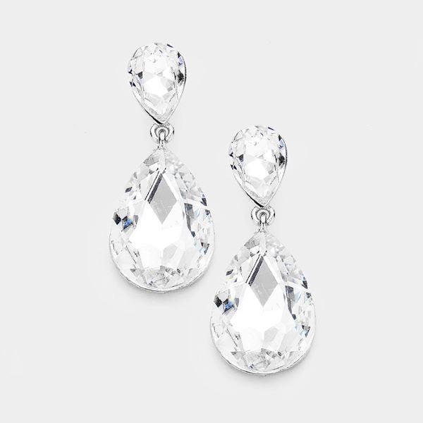 Clear Crystal Double Teardrop Rose Silver Earrings by Miro