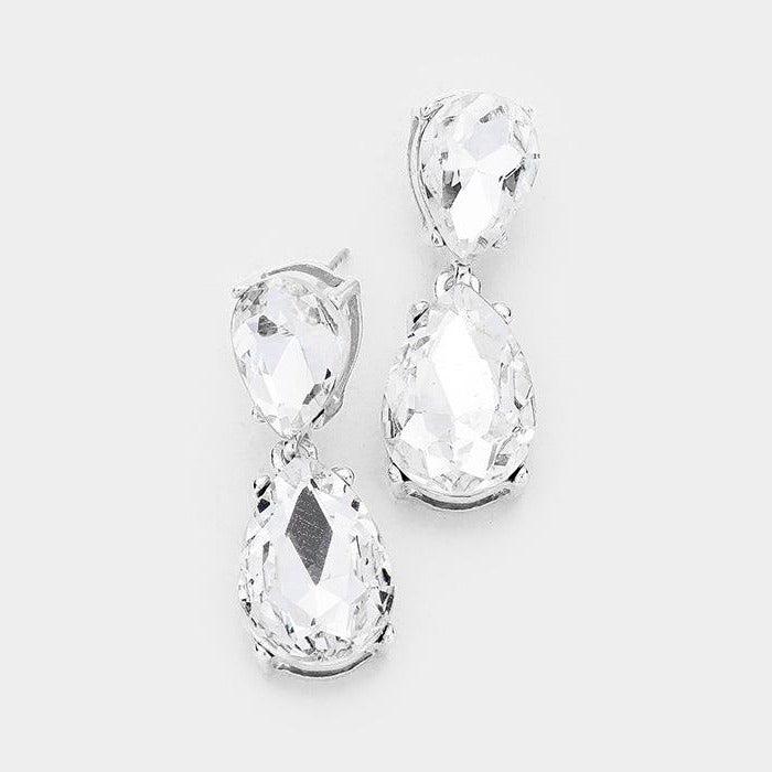 Clear Crystal Double Teardrop Silver Earrings