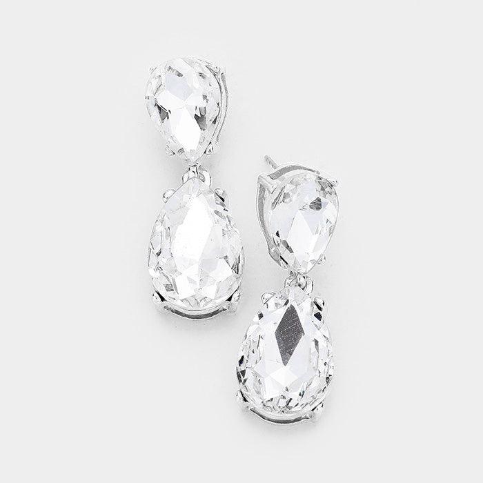 Clear Crystal Double Teardrop Silver Earrings