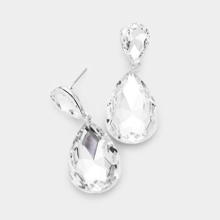 Clear Crystal Teardrop Silver Earrings