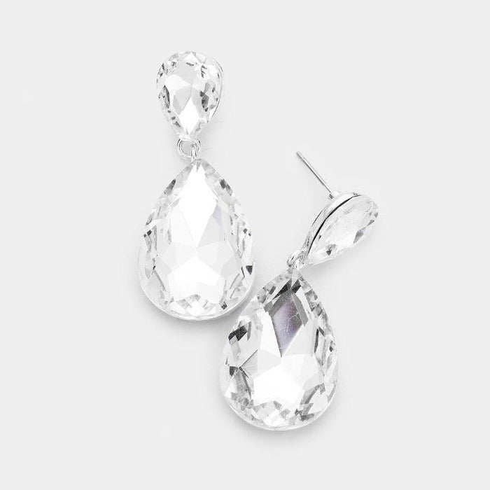 Clear Crystal Teardrop Silver Earrings
