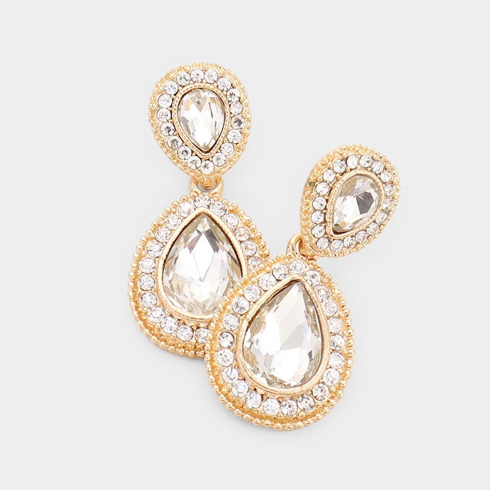 Clear Crystal Pave Gold Evening Earrings-Earring-SPARKLE ARMAND