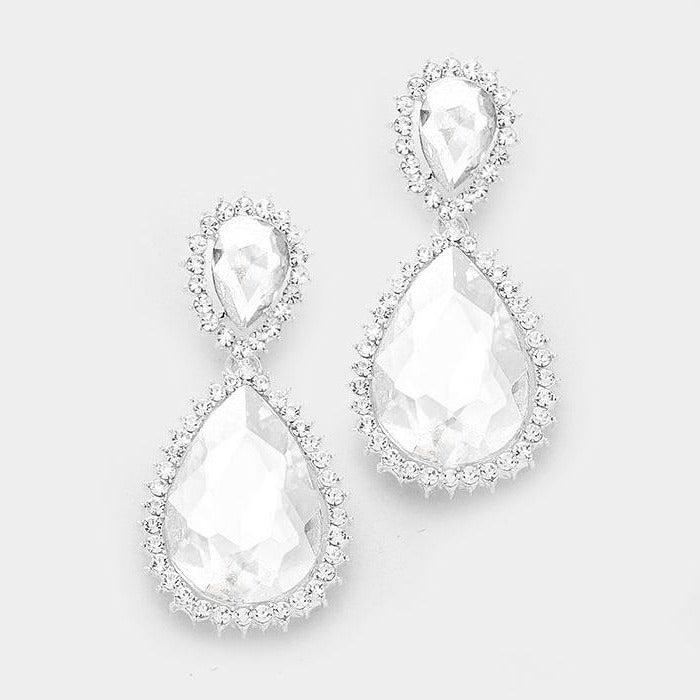 Clear Crystal Rhinestone Teardrop Silver Earrings