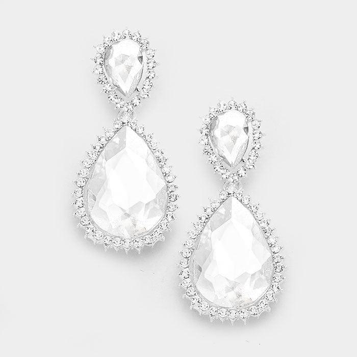 Clear Crystal Rhinestone Teardrop Silver Earrings