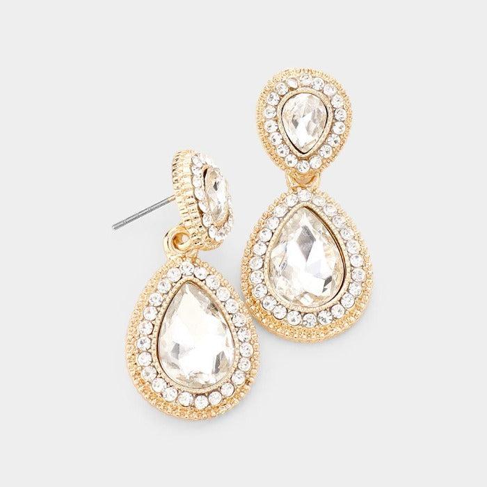 Clear Crystal Teardrop Gold Earrings by Sophia Collection