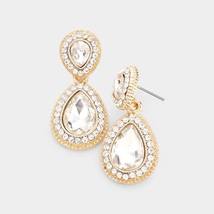 Clear Crystal Teardrop Gold Earrings by Sophia Collection