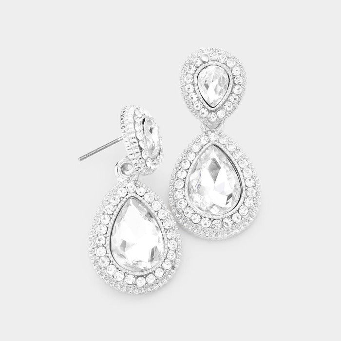 Clear Crystal Teardrop Silver Earrings by Sophia Collection