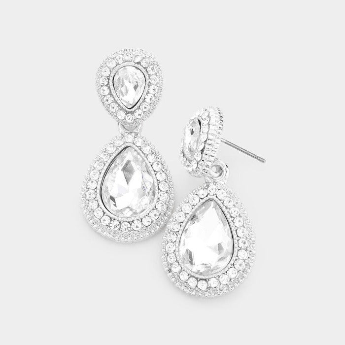 Clear Crystal Teardrop Silver Earrings by Sophia Collection