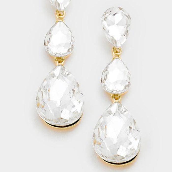 Clear Crystal Triple Teardrop Gold Evening Earrings-Earring-SPARKLE ARMAND