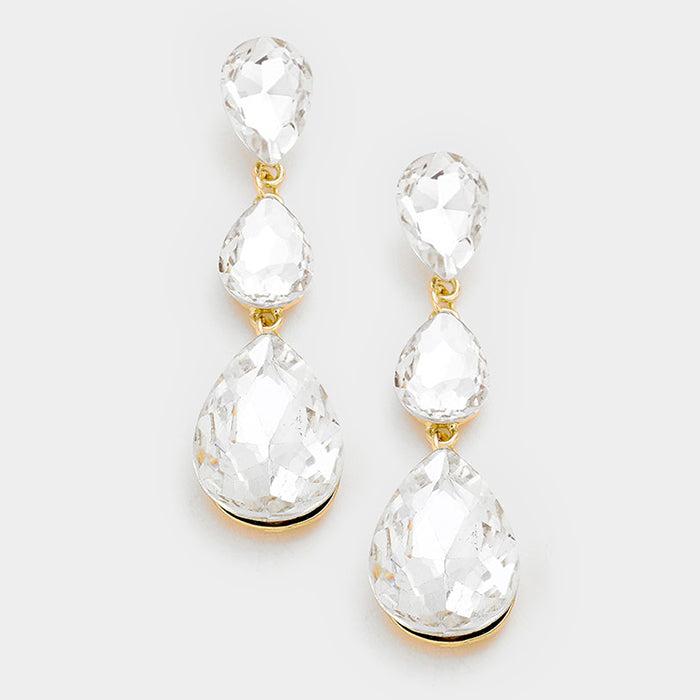 Clear Crystal Triple Teardrop Gold Evening Earrings-Earring-SPARKLE ARMAND