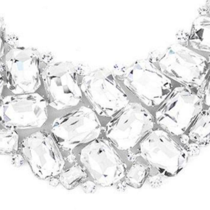 Clear Faceted Teardrop Crystal Silver Statement Necklace