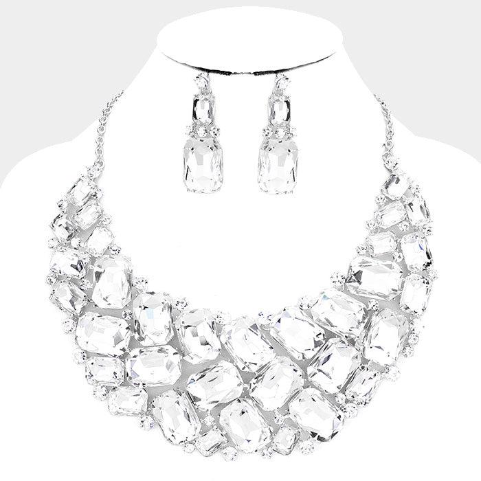 Clear Faceted Teardrop Crystal Silver Statement Necklace