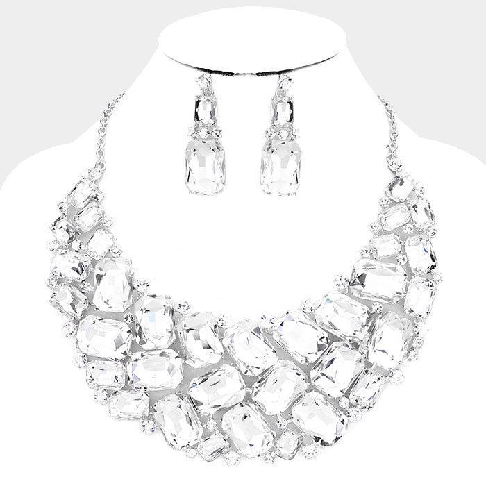 Clear Faceted Teardrop Crystal Silver Statement Necklace