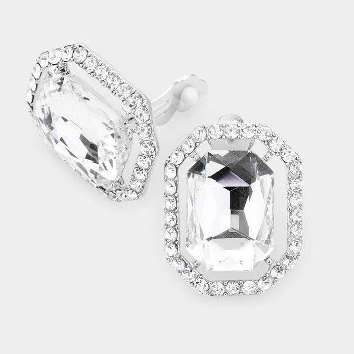Clear Octagon Stone Center Evening Silver Clip on Earrings