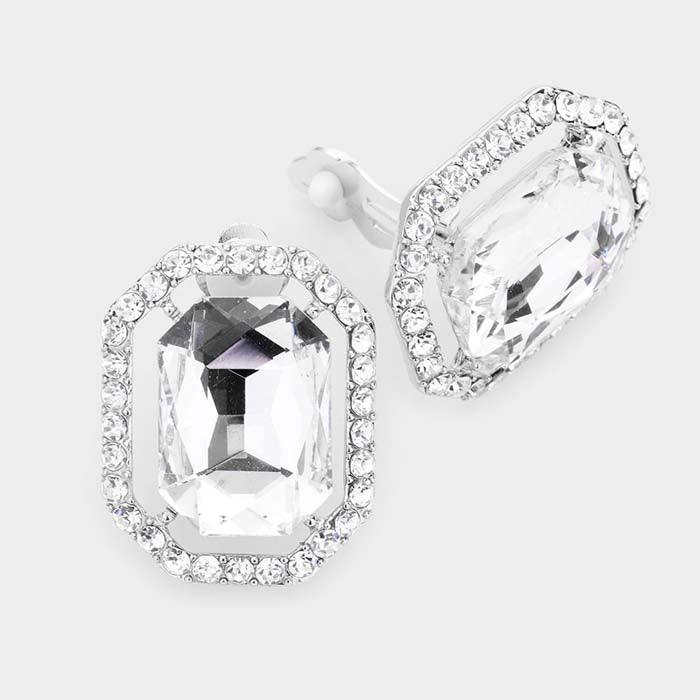 Clear Octagon Stone Center Evening Silver Clip on Earrings