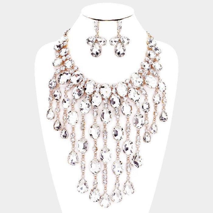 Clear Oval Crystal Accented Statement Evening Necklace Set