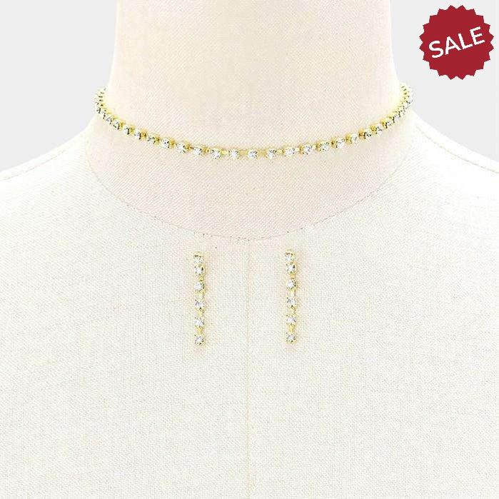 Clear Rhinestone Gold 3 mm Choker & Earring Set-Necklace-SPARKLE ARMAND