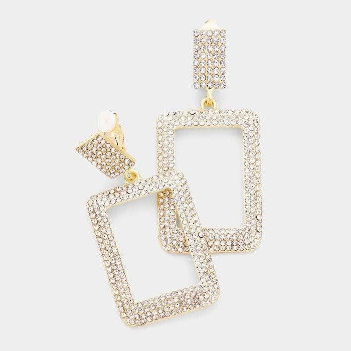 Clear Rhinestone Open Rectangle Evening Clip on Earrings