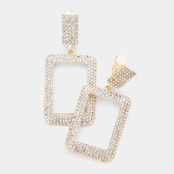 Clear Rhinestone Open Rectangle Evening Clip on Earrings