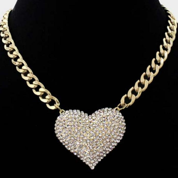 Clear Rhinestone Pave Heart Pendant Gold Necklace Set