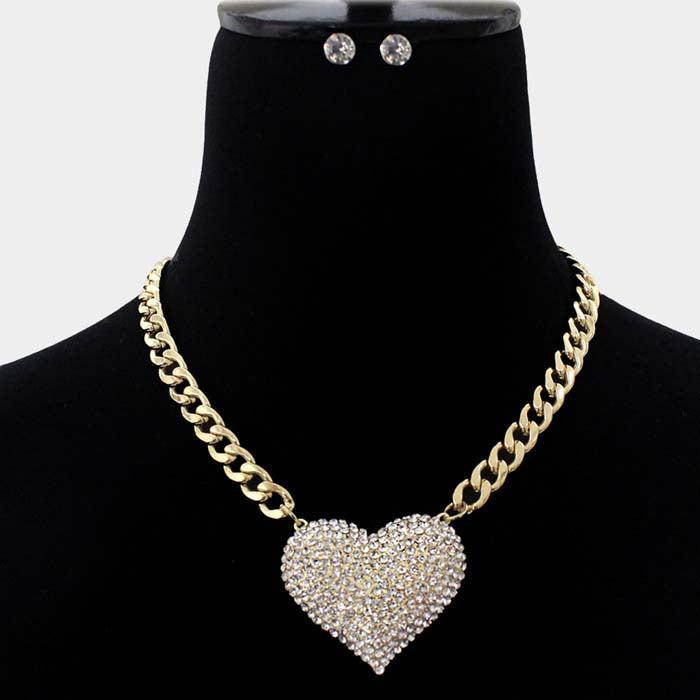 Clear Rhinestone Pave Heart Pendant Gold Necklace Set