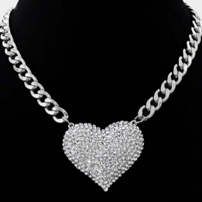 Clear Rhinestone Pave Heart Pendant Rhodium Necklace Set