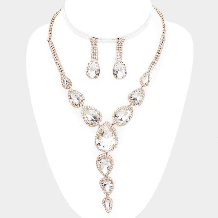 Clear Teardrop Crystal Rhinestone Collar Gold Necklace Set