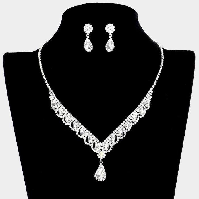 Clear Teardrop Stone Accented Rhinestone Silver Necklace Set Sparkle Armand