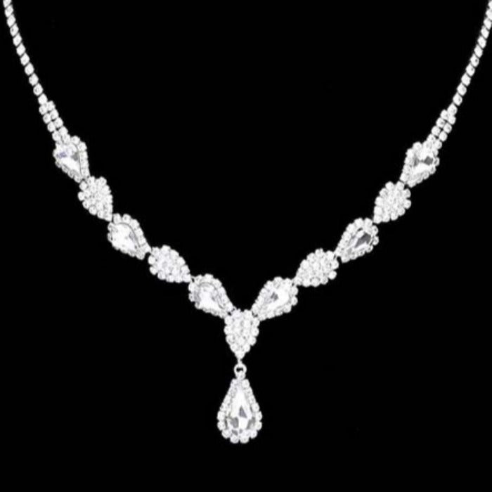 Clear Teardrop Stone Accented Rhinestone Silver Necklace Set