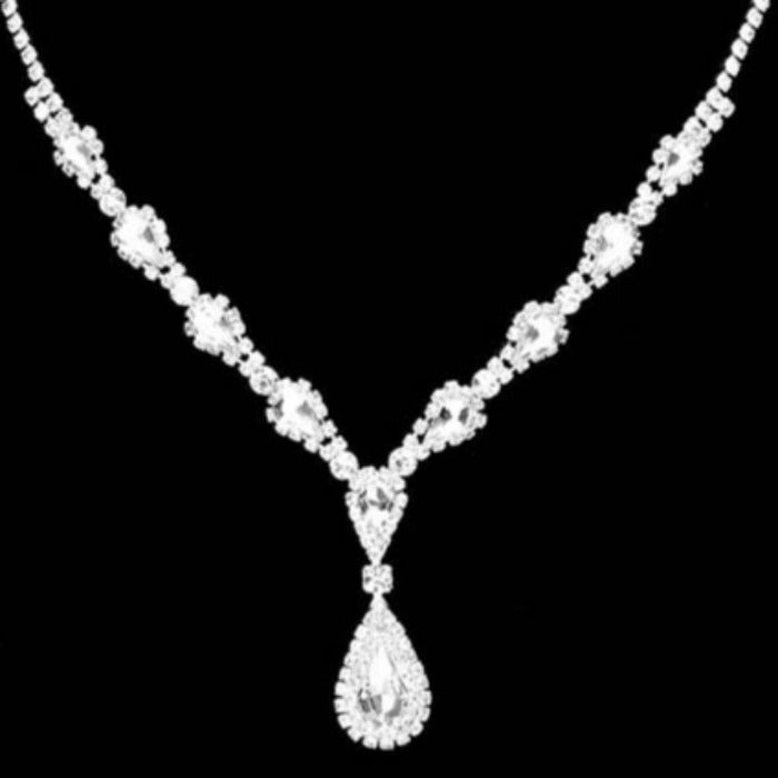 Clear Teardrop Stone Accented Rhinestone Silver Necklace Set