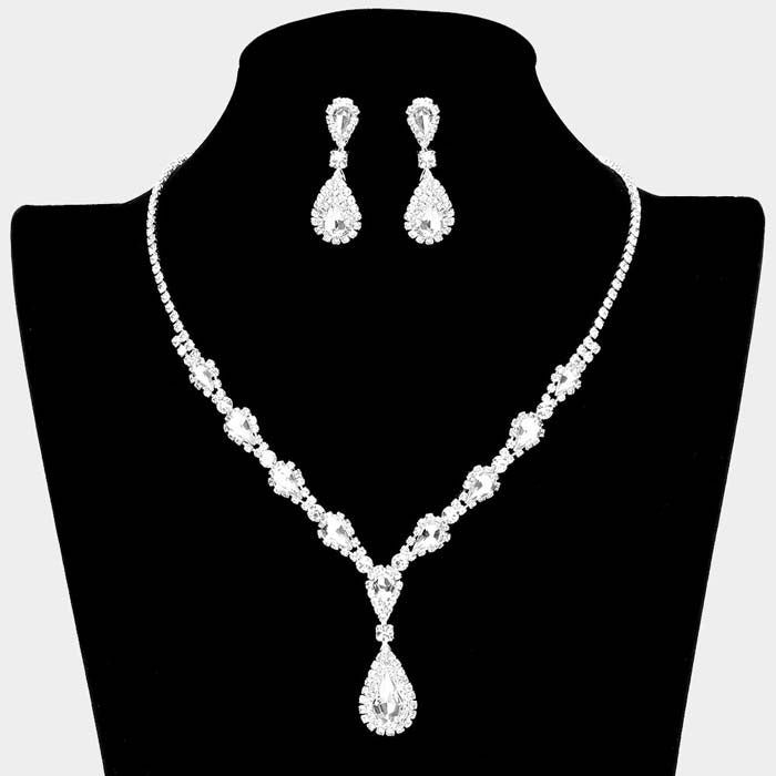 Clear Teardrop Stone Accented Rhinestone Silver Necklace Set